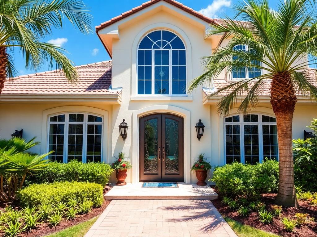 Single-family Florida home with impact windows and glass front door
