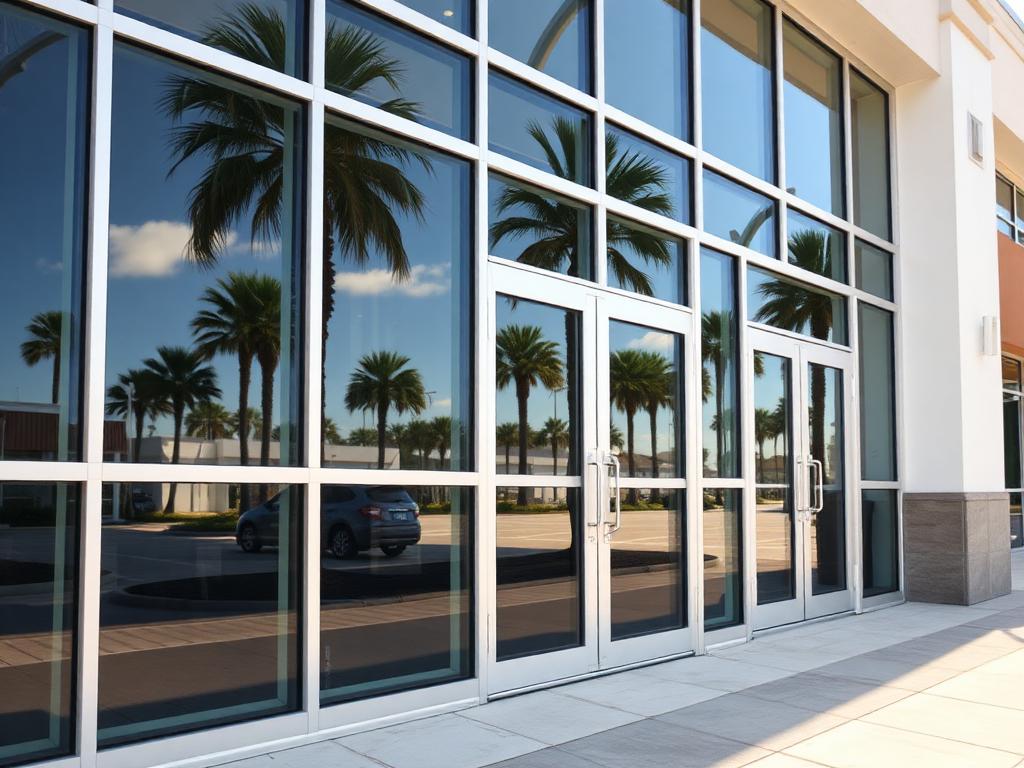 Commercial storefront with impact glass windows and entry doors in Florida