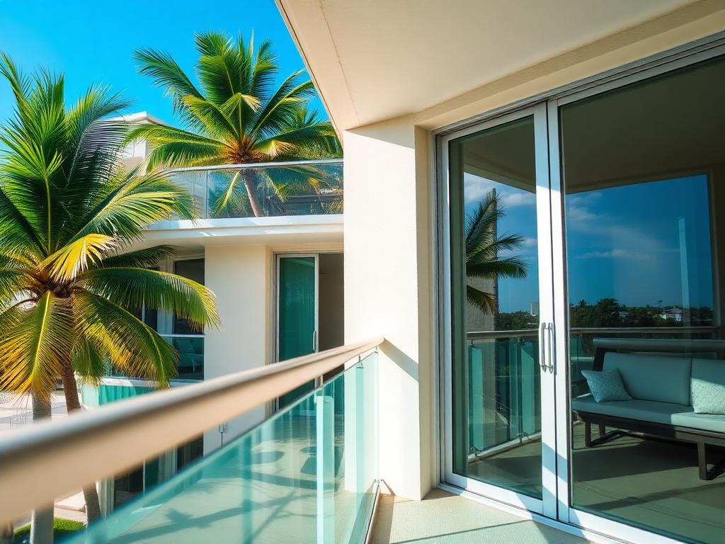 Modern Florida condo building with balcony sliding doors and impact windows