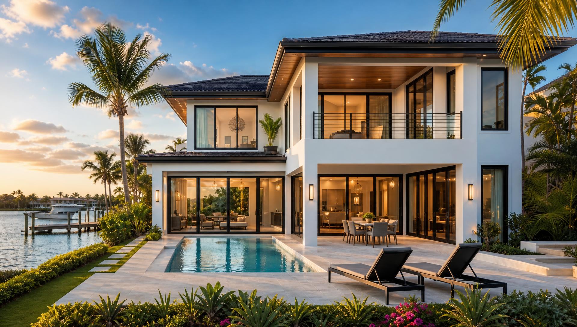 Florida waterfront home with impact windows and sliding glass doors