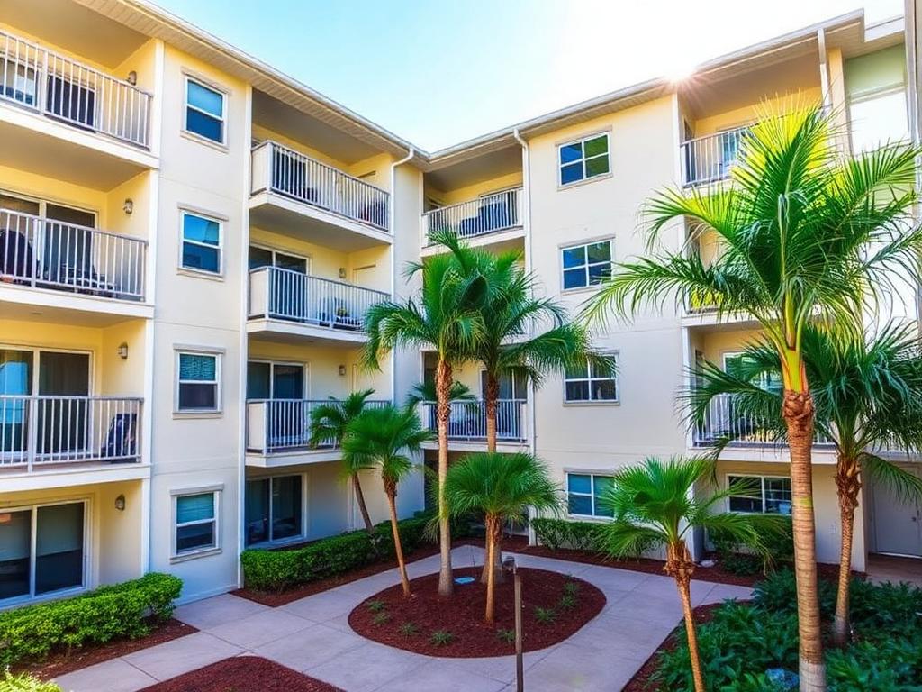 Mid-rise apartment community courtyard in Bradenton, Florida