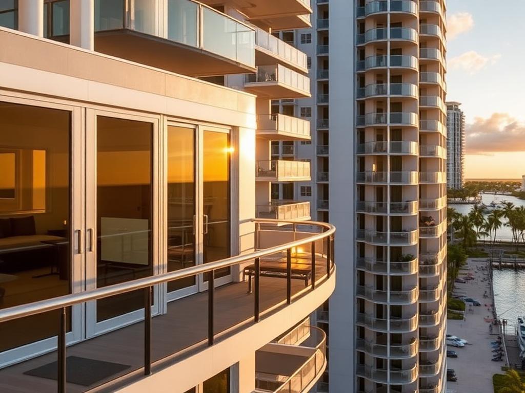 Waterfront condominium balconies with impact sliding glass doors