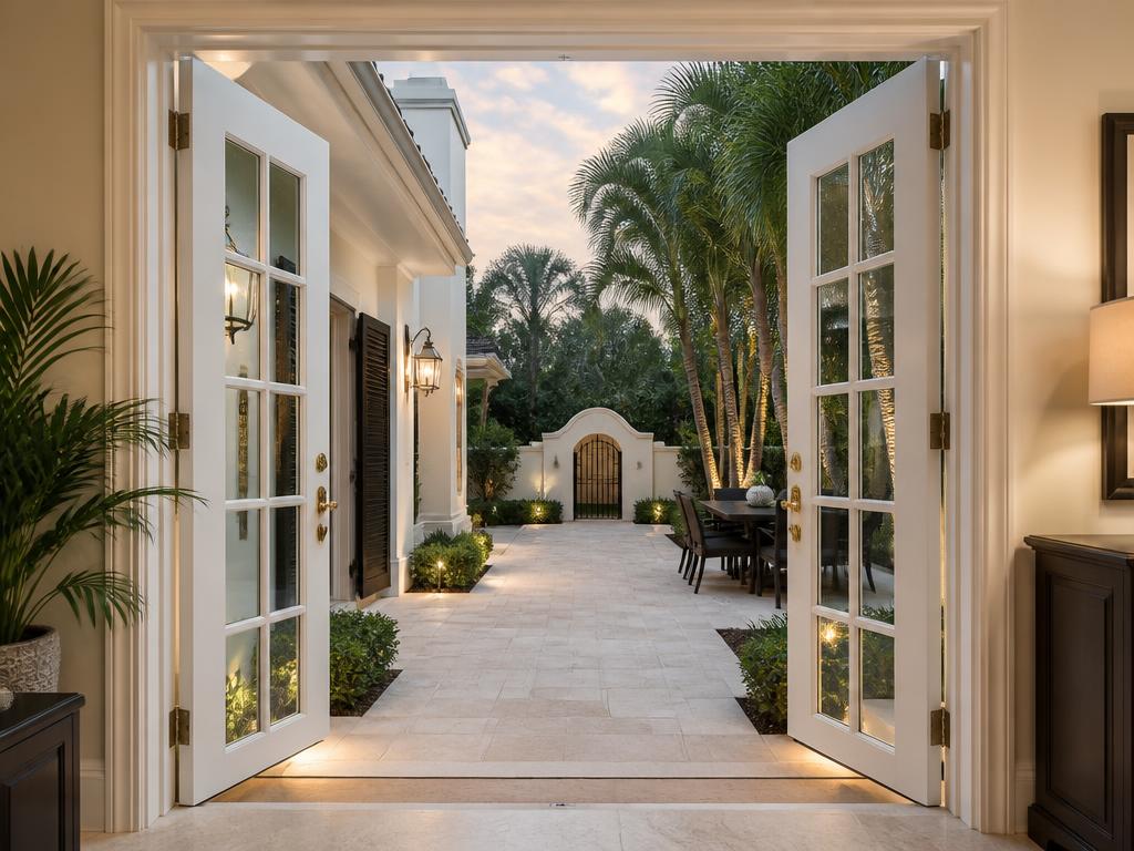 Elegant Florida patio with white impact-rated French doors open to a landscaped courtyard.