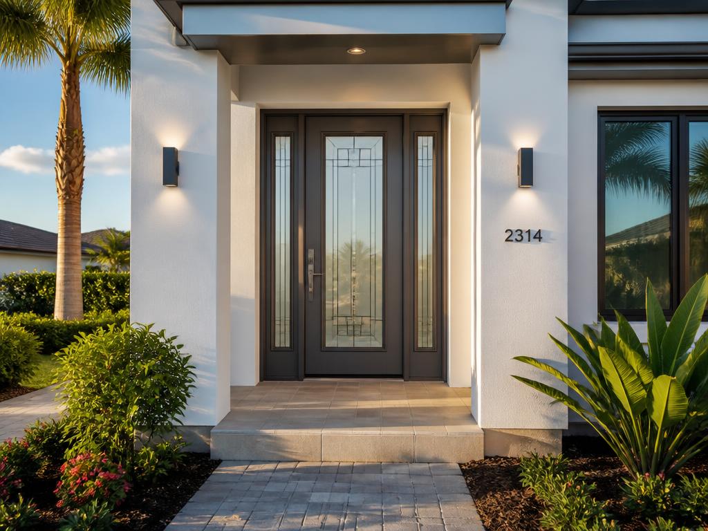 Modern Florida home entrance with an impact-rated fiberglass entry door featuring decorative glass inserts and multipoint hardware.