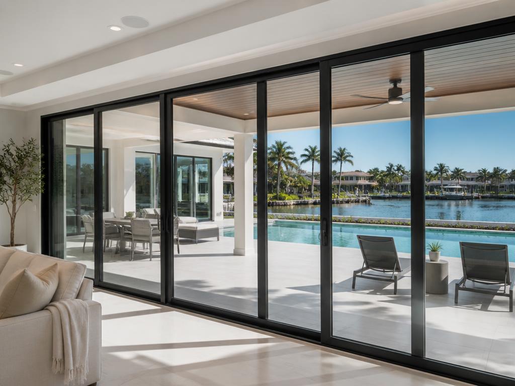 Florida waterfront home interior looking out through large impact-rated sliding glass doors to a patio and pool.