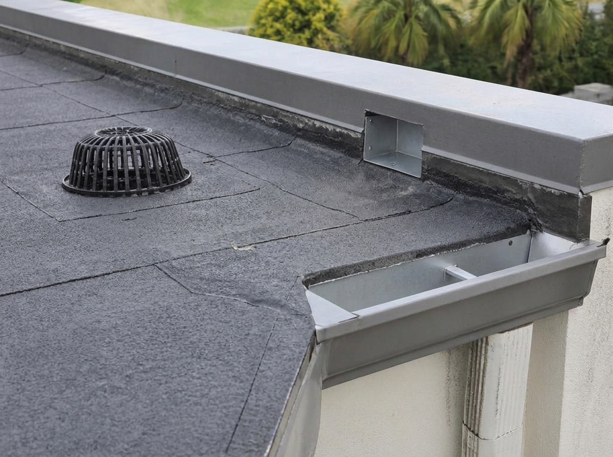Flat commercial roof in Florida with a roof drain, overflow scupper, and gutter apron, all clear and ready to move rainwater off the building.