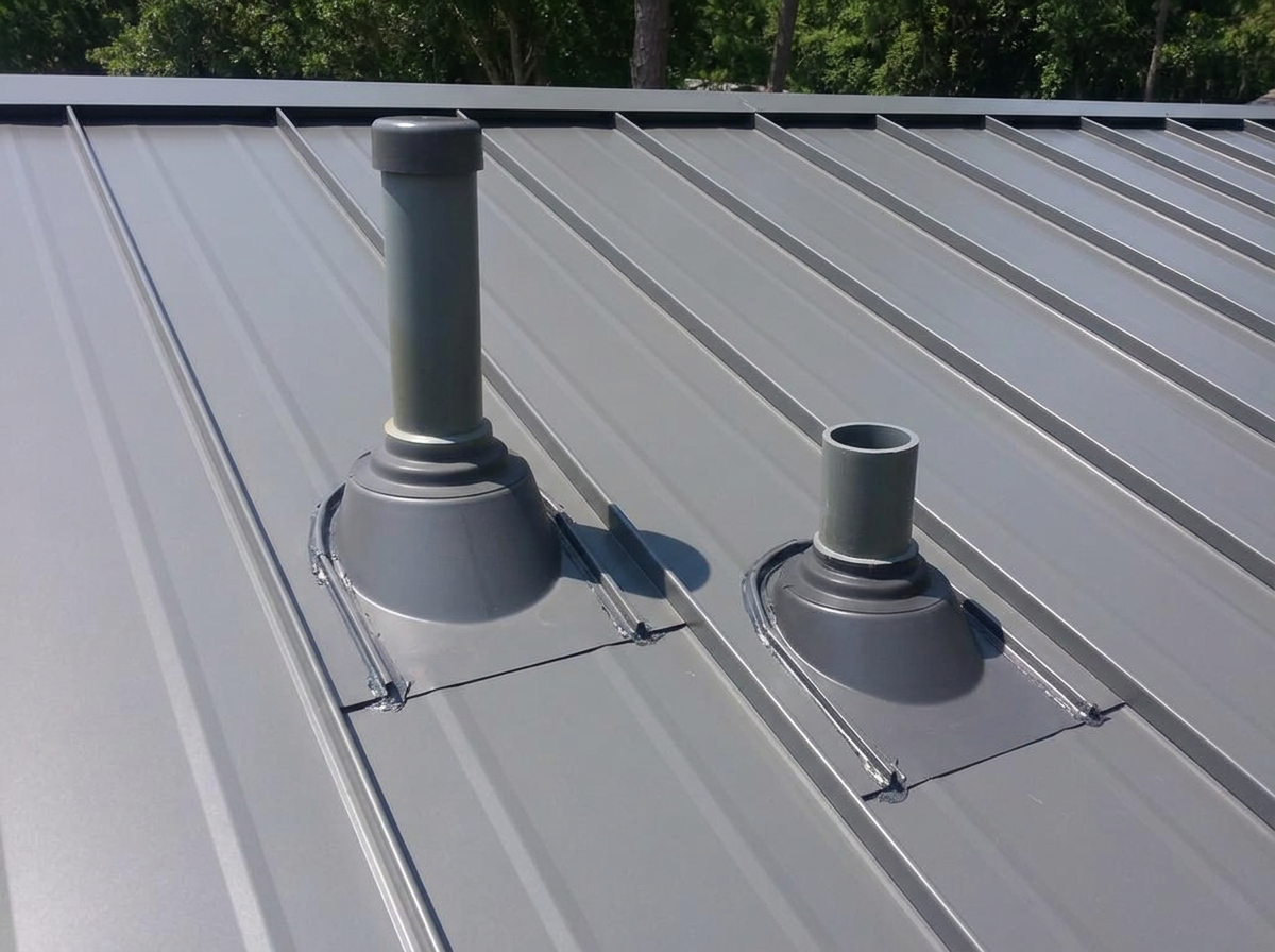 Multiple pipe penetrations sealed with raised flashing collars on a gray standing-seam metal roof in Florida.