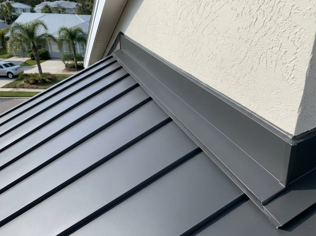 Close-up of a standing-seam metal roof meeting a stucco wall, showing surface-mounted counter-flashing integrated with the wall drainage plane in a Florida residential setting.