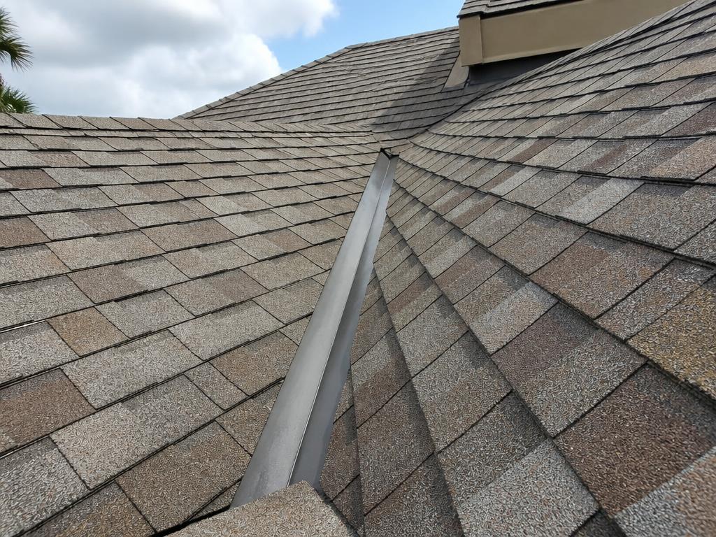 Aerial view of a shingle roof valley in Sarasota, Florida, showing the metal valley liner and surrounding architectural shingles channeling rainwater.