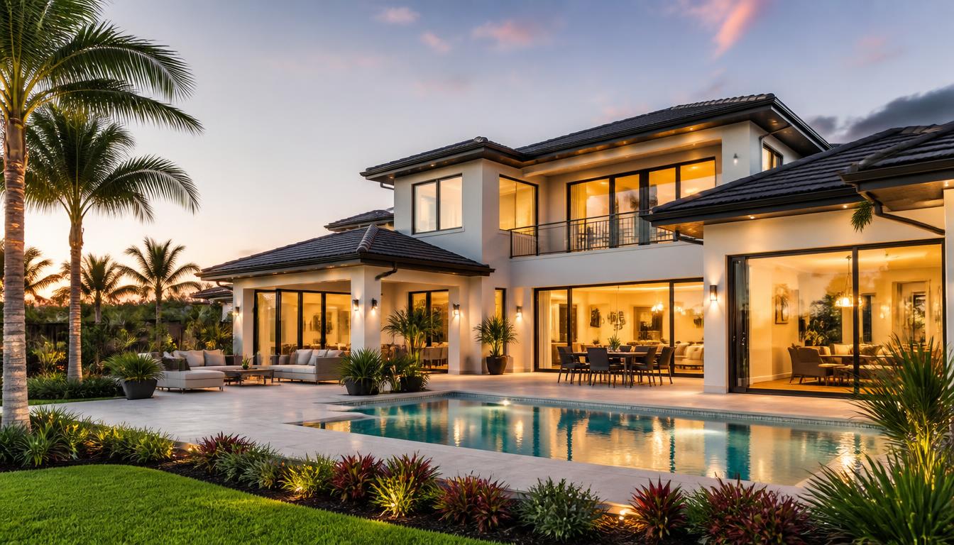 Florida home with impact windows and sliding glass doors at dusk